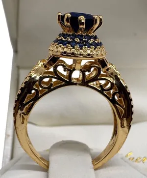 Gold‎ Plated Blue Cubic Zirconia Filigree Crown Statement Ring Size 6.75 thumbnail 1