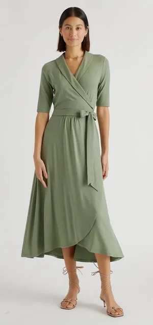 Quince Tencel Jersey Midi Wrap Dress‎ in Sage Size Medium thumbnail 1
