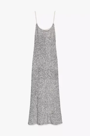 Zara Silver Sequin Spaghetti Strap maxi Dress evening party holiday thumbnail 12