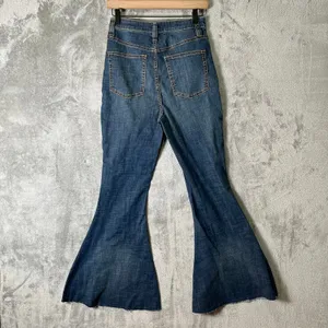 Free People High Rise Button Fly Flare Jeans‎ Boho Wide Leg Raw Hem 28 Rodeo 29” thumbnail 6