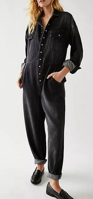 Free People Townes Straight Leg Coverall Jumpsuit Black Denim XS thumbnail 1