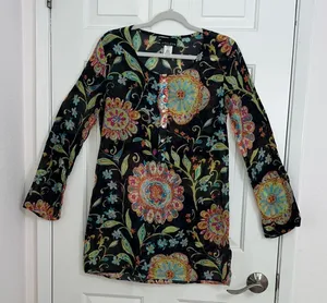 Athleta Women's Size M‎ Black Floral Silk Tunic Top Shirt Boho Resort thumbnail 1
