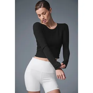 Alo Yoga Gather Long Sleeve Black Ribbed Ruched Crop Top XS thumbnail 3