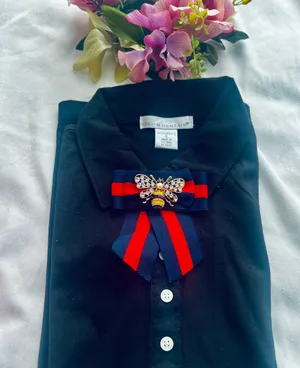 Womens Polo Shirt W/Bow Tie Black thumbnail 1