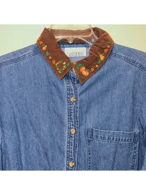 Vintage 90s Denim Shirt Corduroy Pumpkin Embroidered Jean Shirt cottagecore thumbnail 3