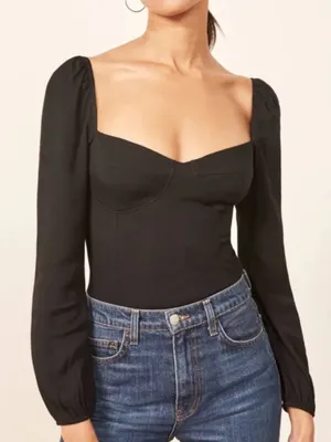 Reformation Women's Reign Sweetheart Neckline Long Sleeve Top Size 4 Black thumbnail 1