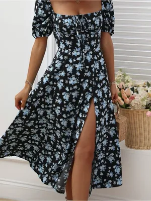 SHEIN‎ Black Midi Dress with Light Blue Floral Print thumbnail 3