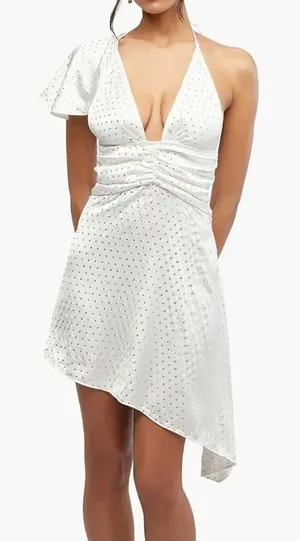 NWT We Wore What Asymmetrical Crystal Halter Tie One Shoulder Mini Dress 0 White thumbnail 1