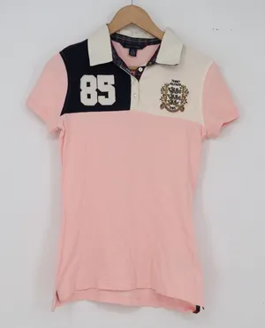 Tommy Hilfiger Polo Shirt Womens S Preppy Pink Colorblock Crest Excellent thumbnail 1
