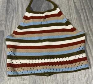 Garage Green, White, Orange, Baby Blue Striped Halter Knit Top; Medium Women's thumbnail 1