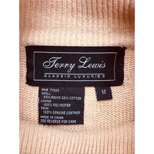Terry Lewis Sweater Womens Medium Tan Leather Trim Ramie‎ Cotton Mock Neck thumbnail 2
