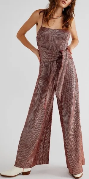 NWT Free‎ People Shimmer and Shine Jumpsuit / Ginger Snap Metallic Womens Size S thumbnail 1