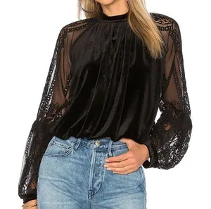Free People Dream Team Black Velvet Lace Blouse Sz S thumbnail 1