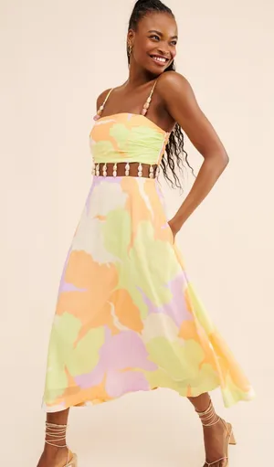 Amur Pastel Floral Midi Dress with Beaded Waist Straps - Yellow Green thumbnail 1