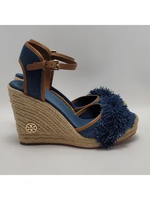 Tory Burch Wedge Espadrille Shaw Blue Denim Fringe Ankle Strap Sandals Size 8.5 thumbnail 4