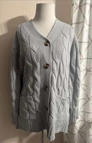 Women's Light Blue Cable-Knit Button Cardigan Sweater thumbnail 1
