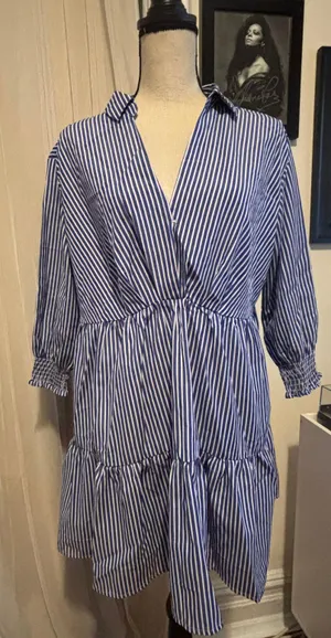 Women's 3/4 Sleeve V Neck Collar Striped Dress Casual A Line Ruffle Hem Mini Dresses thumbnail 3