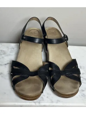 Women’s DANSKO Season Black Full Grain Leather Clog Strappy Sandals Heels Sz 39 thumbnail 2
