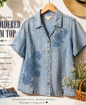 Vintage Y2K Denim Embroidered Button Front Top Cottagecore Boho Western XL thumbnail 1