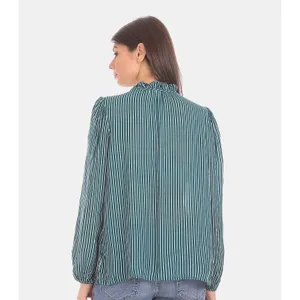 GAP Womens Green White Vertical Striped Ruffle Neck Long‎ Sleeve Blouse Size L thumbnail 2