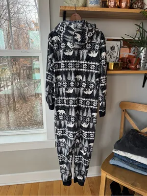 Old Navy Navy White Fleece Hooded Polar Bear Winter Print Pajamas Onesie Large thumbnail 9