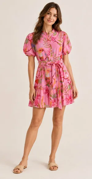 NWT J. Marie Pink Tropical Bird Print Puff Sleeve Mini Dress XS thumbnail 1