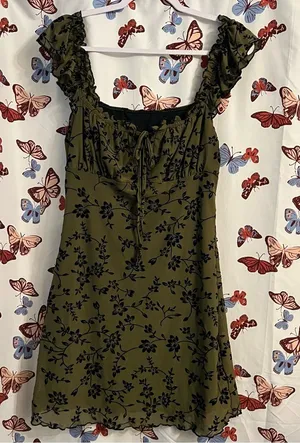 SheIn Velvet floral Ruched Bust Tie Front Ruffle sleeve dress thumbnail 1