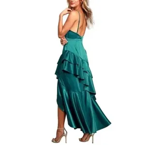 Lulus Yori Teal Green Satin‎ Ruffled High-Low Maxi Dress medium thumbnail 6