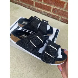 Dolce Vita fuzzy black rhinestone birkenstocks thumbnail 6