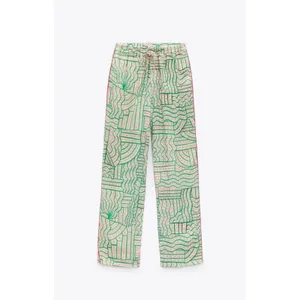 Zara Womens Green Pink‎ Abstract Print Linen Blend Straight Leg Pants High Rise thumbnail 3