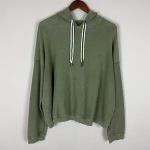 Aerie Hoodie Sweatshirt Womens Large Green Ribbed Cropped Corded 100% Cotton L‎ thumbnail 6