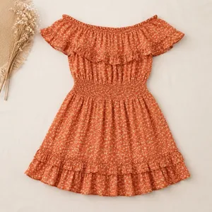 Kori America Orange Ditsy Floral‎ Smocked Off The Shoulder Mini Dress Size Med thumbnail 2