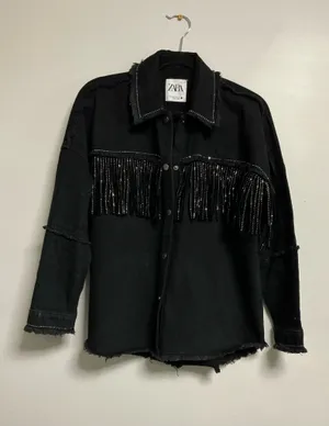 Zara Rhinestone Fringe Black Denim Jacket thumbnail 1