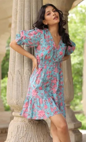 NWT The Fox and The Mermaid Bohemian Chameli Short Dress in Teal Size Large thumbnail 1