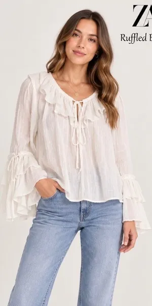 Zara White Boho Ruffle Tie Neck Blouse Bell Sleeve Peasant Top XS Semi Sheer NWT thumbnail 1