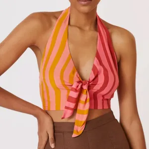 Farm Rio Anthropologie Pink Orange Striped Halter Crop Top Womens XL Beachy thumbnail 2