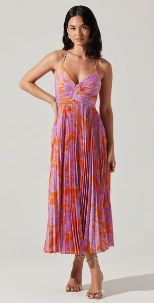 Astr the Label Blythe Floral Plisse Midi Dress Orange Purple Flower Women Medium thumbnail 1