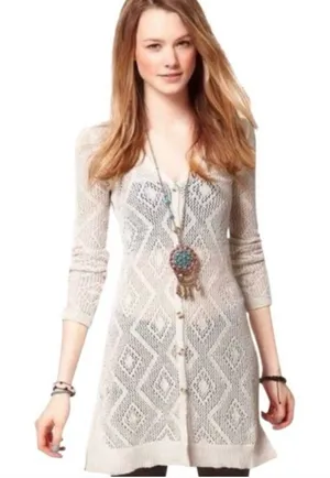 Free People Diamond Crochet Knit Long Cardigan Duster M2 thumbnail 1