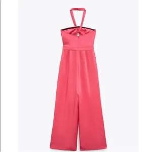 Zara Satin Halter Wide-Leg Jumpsuit in Hot Pink thumbnail 6