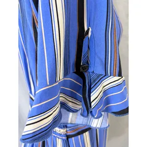 Band Of Gypsies Blue Striped Faux Wrap Dress Flutter Sleeve‎ Ruffle Hem L thumbnail 8