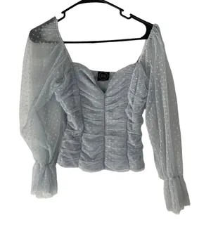 Madi Mase Women's Size Small Light‎ Blue Swiss Dot Lace Puff Sleeves Top thumbnail 1