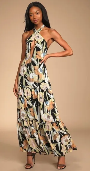 Lulu’s In Vacay Mode Black Floral Print Halter Tiered Maxi Dress Size XS thumbnail 1