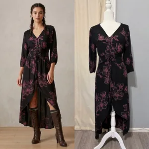 Whimsical‎ American Rag Midi Dress S Black Pink Floral Smocked Waist High-Low thumbnail 2