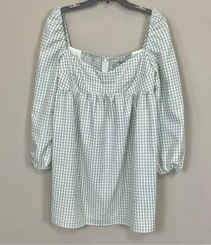 Gianni Bini Gingham Babydoll Dress Green & Ivory Long Sleeve Sz 12 NWT Kennedy thumbnail 2
