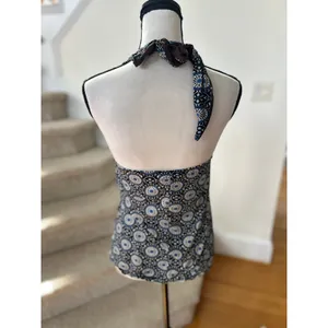 Vintage Y2K Drape Neck Brown & Blue Floral Mosaic Halter Going Out Top Boho thumbnail 2