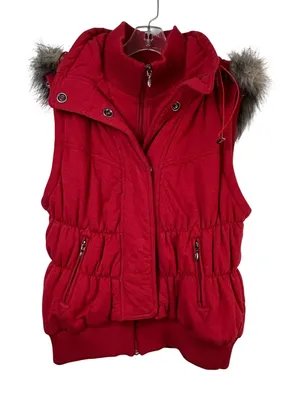 INC International Concepts Red Puffer Vest Faux Fur Hood Cotton XL thumbnail 1