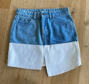 Denim and Leather Skirt in Blue and White thumbnail 1