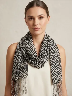 New York & Company Black and White Zebra-Striped Fringe Scarf thumbnail 1