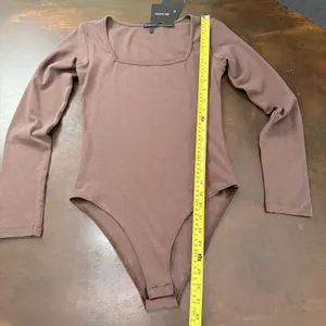 KK SONG Bodysuit Brown Long Sleeve Solid Basic Elegant top square neck casual thumbnail 4