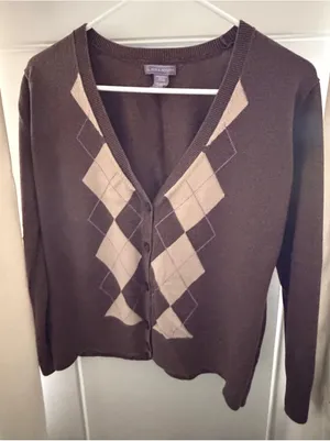 Laura Scott Argyle Cardigan Women's Brown Sweater Size L thumbnail 1